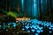 A cluster of bioluminescent mushrooms lighting up a dark, ancient forest with an otherworldly glow