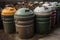 cluster of composting bins, each one labeled with type of material