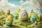 A cluster of Easter eggs rest on a grassy hill, surrounded by natures beauty AIG42E