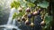 A cluster of figs hanging from a tree waterfall framed by lush foliage,