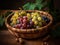 cluster of fresh grapes resting in a round wooden fruit baske