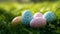 A cluster of pastel Easter eggs nestled in a bed of soft grass