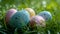 A cluster of pastel Easter eggs nestled in a bed of soft grass