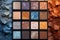 cluster of professional eyeshadow palettes in various color schemes, top view