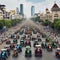 A cluster of tractors on a city road, a demonstration,a protest of farmers in Europe,Economic crisis