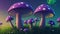 A cluster of vibrant mushrooms perched atop a luxuriant green field beneath a deep purple sky.