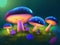 A cluster of vibrant mushrooms perched atop a luxuriant green field beneath a deep purple sky.