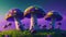 A cluster of vibrant mushrooms perched atop a luxuriant green field beneath a deep purple sky.