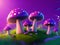 A cluster of vibrant mushrooms perched atop a luxuriant green field beneath a deep purple sky.