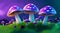 A cluster of vibrant mushrooms perched atop a luxuriant green field beneath a deep purple sky