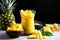 clusters of diced mango and pineapple around a filled smoothie glass