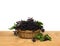 Clusters fruit black elderberry  Sambucus nigra  in basket on a wooden table on a white background. Common names: black elder