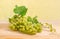 Clusters of table white grapes with vine on wooden surface