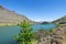Clutha River with sun on scenic grassy slopes and turquoise rive