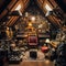 Cluttered attic space filled with vintage tech and antiques