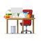 Cluttered workplace. A desk with a chair, a computer littered with documents, folders. Vector flat illustration.