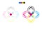 CMYK abstract flower design set, a blue pink with a dotted pink flower swirl logo, a circular dot pattern