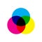 CMYK color model scheme. Three overlapping circles in cyan, magenta and yellow color. Print theme icon. Vector