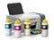 CMYK ink filling bottles and inkjet printer. 3D illustration