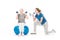 Coach with megaphone and sportswoman with dumbbells and fitness ball