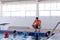 Coach and swimmers at the pool