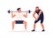 Coach training male client making squat with barbell vector flat illustration. Athletic personal trainer and man