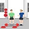 Coach training male client making squat with barbell vector flat illustration. Athletic personal trainer and man performing