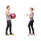 Coaching, man and woman with gym ball for fitness in studio, body wellness and support. Sports workout, fit girl and