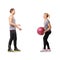 Coaching, man and woman with medicine ball for fitness in studio, body wellness or support. Sports workout, fit girl and