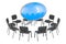 Coaching, meeting concept. Chairs in a circle with speech bubble, 3D rendering