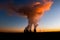 Coal fired power station and Combined cycle power plant at sunset, Pocerady, Czech republic