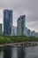 Coal Harbor in Vancouver British Columbia with downtown buildings boats and reflections in the water