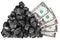Coal heap and one dollar banknotes on white background isolated close up, black coal rock, money bundle, mineral fossil fuel price