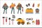 Coal mining industry set, working miners, transport, miner equipment and tools vector Illustration