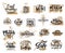 Coal mining industry tools and transport icons set