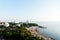 The coast of Anapa from a height. View of the calm Black Sea, the stone beach High Coast