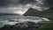 Coast and bay of village Gjogv with dramatic sky, Faroe Islands