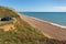 Coast car park overlooking beach Eype Dorset England uk Jurassic coast south of Bridport and near West Bay