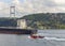 A coast guard boat escorts a large cargo ship sailing through the Bosphorus