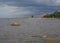 The coast of the Gulf of Finland, Peterhof, St. Petersburg. Summer day, contrasting lighting, pre-storm blue thick textured sky.