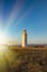 Coast line with lighthouse, dune and rare vegetation in the background at sunset