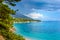 Coast near Zlatni Rat or Golden Horn beach in Bol town on Brac Island, Croatia with pine trees and turquoise sea water