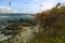 Coast of the ocean with a view of the lighthouse. Maine`s famous lighthouse. USA. Maine.