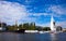 Coast of the Pregola river, Monument to the Saint Nicholas in Kaliningrad, Russia.