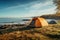 Coastal adventure Camping tent and equipment with a sea view