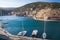 Coastal aerial view of Balaklava, yachts moored in port