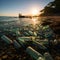 Coastal area strewn with plastic bottles and waste, portraying consequences of beach pollution