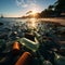 Coastal area strewn with plastic bottles and waste, portraying consequences of beach pollution