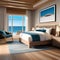 A coastal, beachfront bedroom with driftwood furniture, seashell decor, and panoramic sea views1
