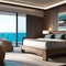 A coastal, beachfront bedroom with driftwood furniture, seashell decor, and panoramic sea views3